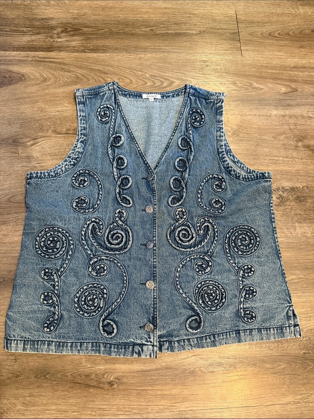 Serengeti Women's Ribbon Soutache 100% Cotton Denim Button-Up Vest Size 1X